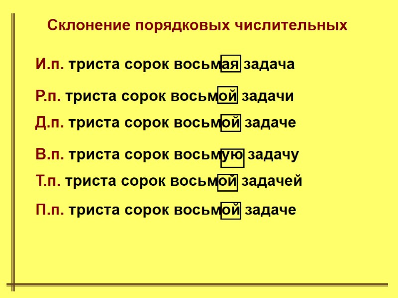 Склонение порядковых числительных И.п. триста сорок восьмая задача Р.п. триста сорок восьмой задачи Д.п. Склонение порядковых числительных И.п. триста сорок восьмая задача Р.п. триста сорок восьмой задачи Д.п.